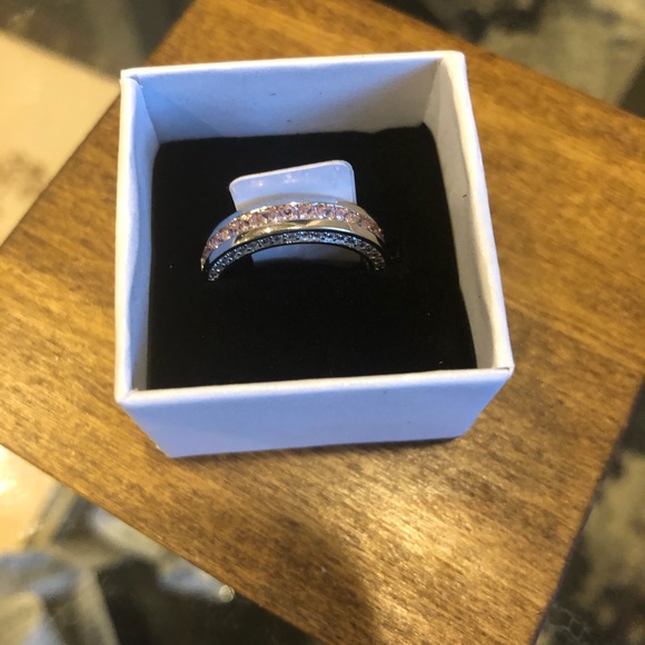 Valentines PINK and SILVER Sparkly stack ring on silver band - Picture 2 of 8